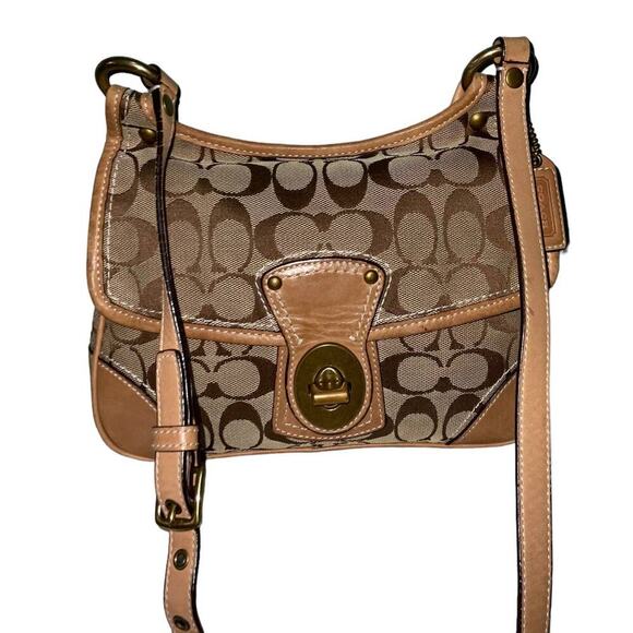 Coach Vintage Signature Monogram Turn lock Khaki Gold shoulder Crossbody Bag - Picture 2 of 16